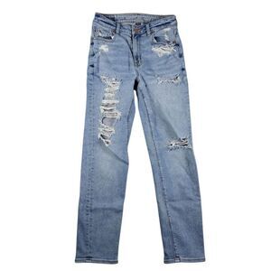 American Eagle Mom Jeans Women's 2 Regular Distressed Light Wash Mid Rise